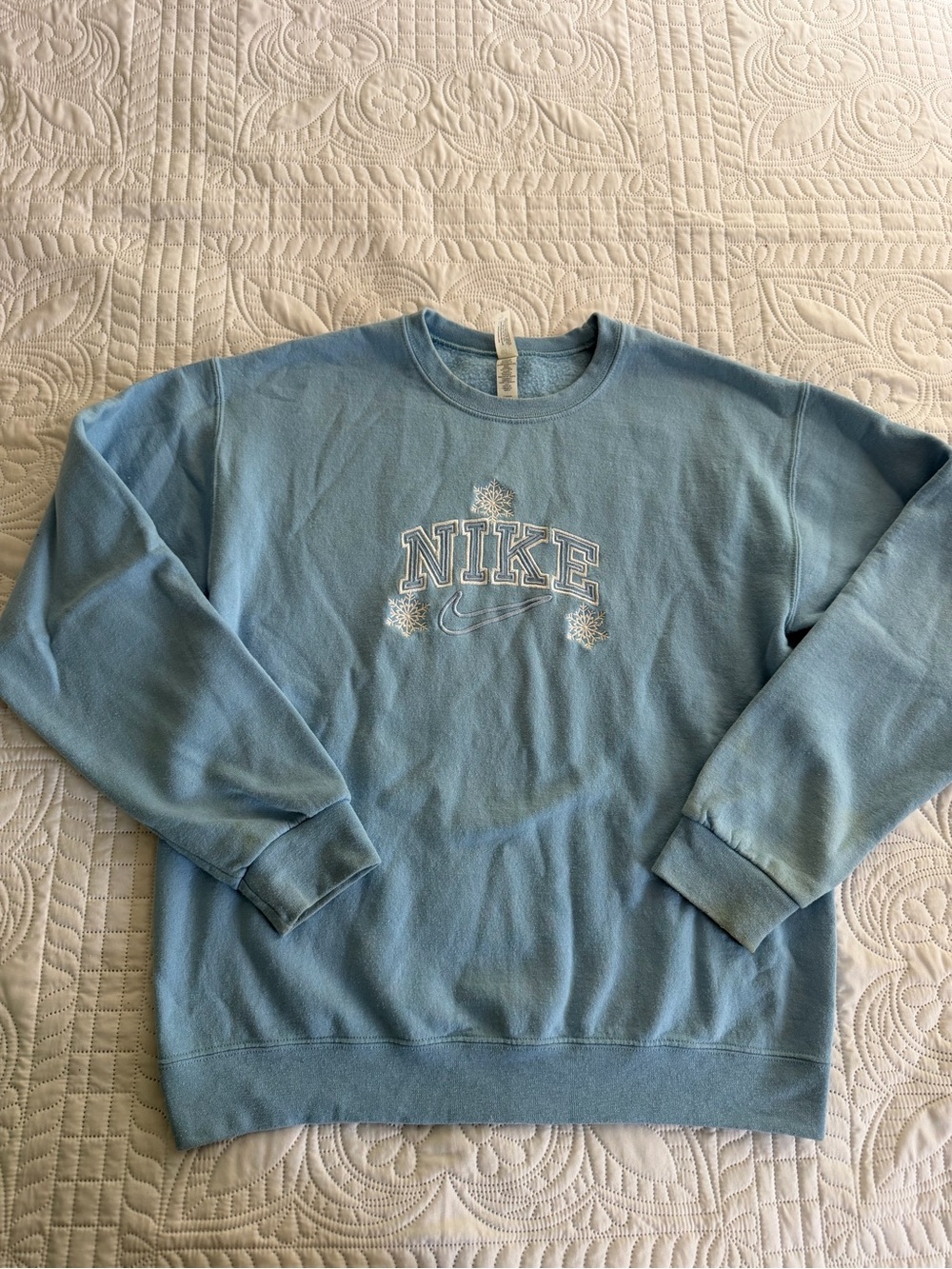 Nike Light Blue Crewneck Sweatshirt with Snowflake Embroidered Logo Handmade Med